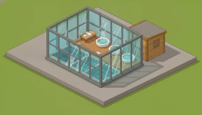 Hydro Pool facility — isometric pixel-art recovery and rehabilitation complex