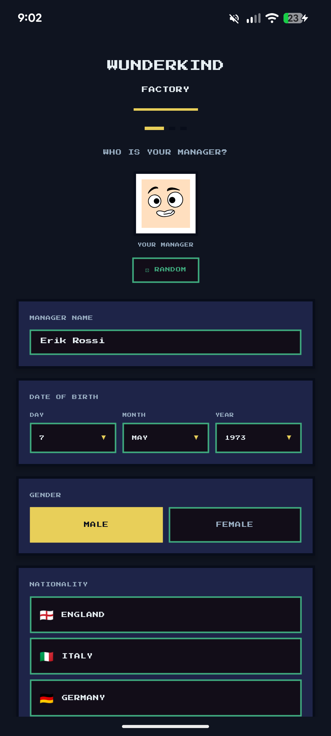 Manager creation with pixel avatar, name, date of birth and nationality