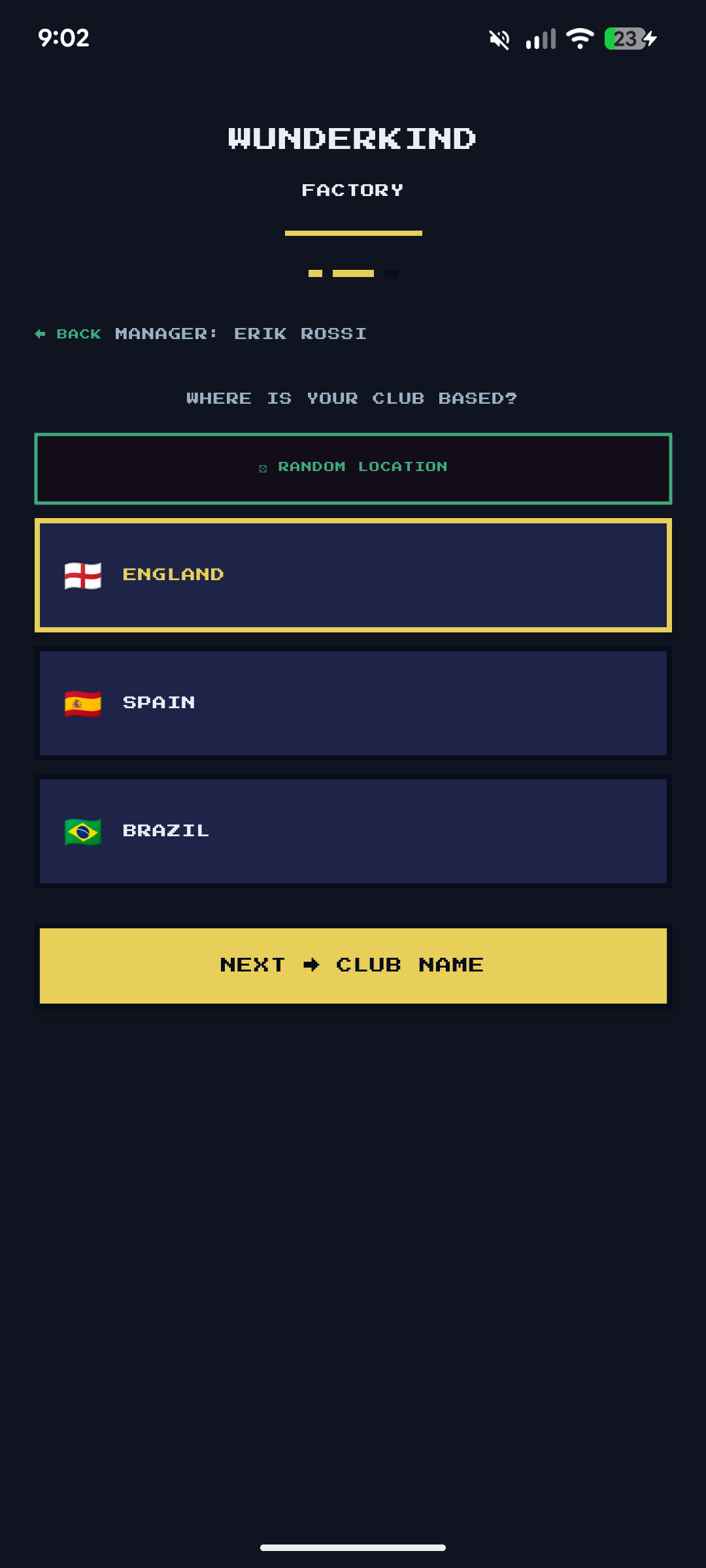 Club location — country list showing England, Spain and Brazil