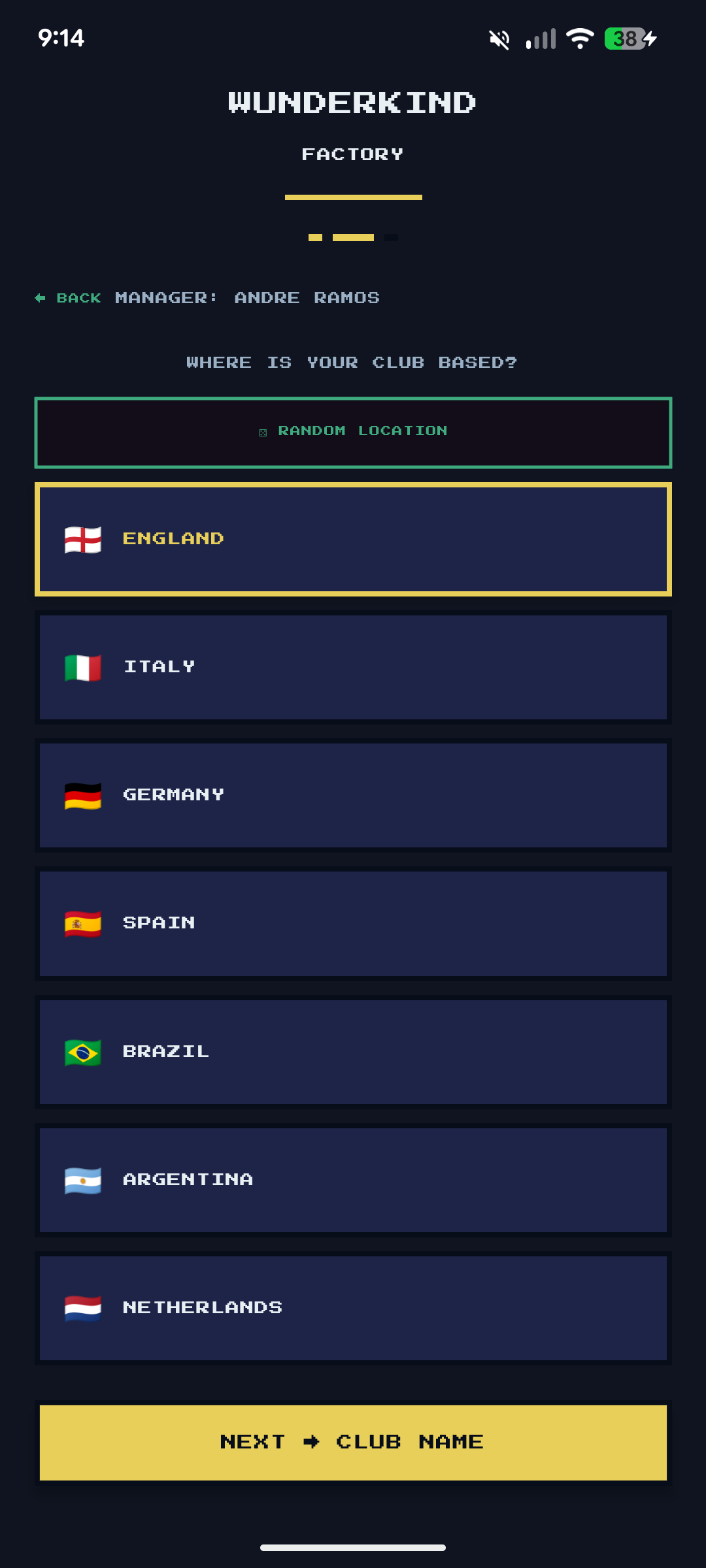 Country selection with England highlighted in the list