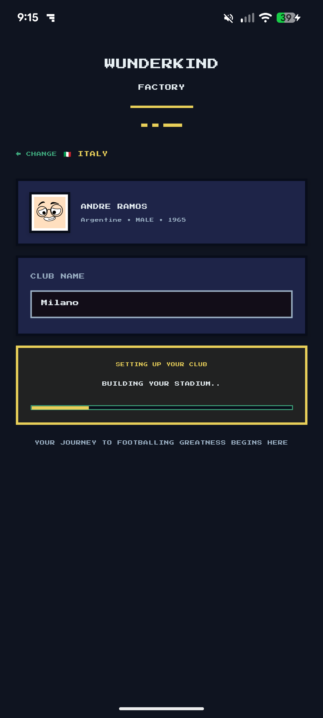 Club setup loading screen — Building Your Stadium for Milano, Italy
