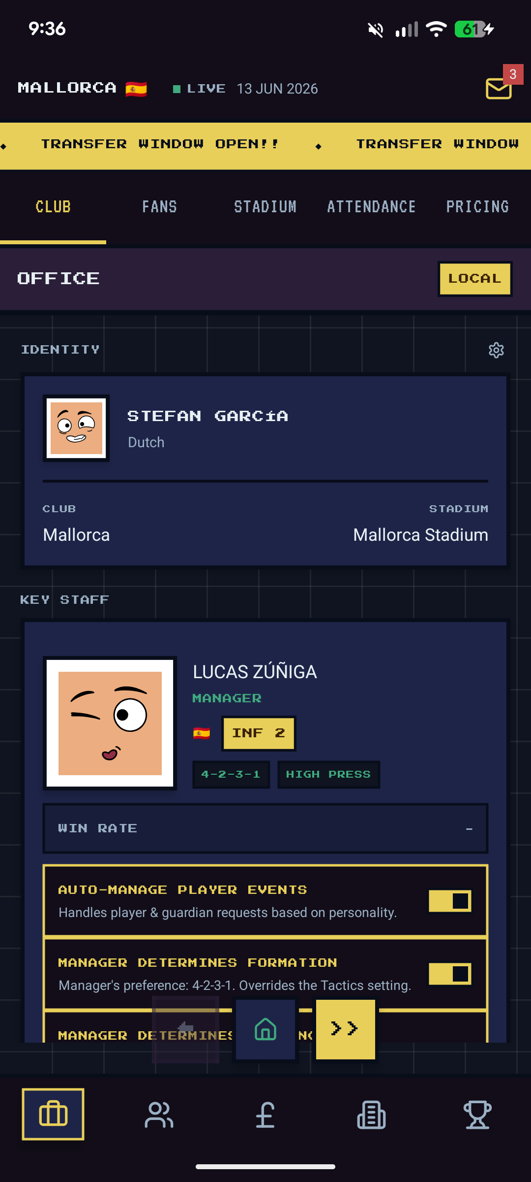 Office screen showing manager identity, key staff and auto-management toggles