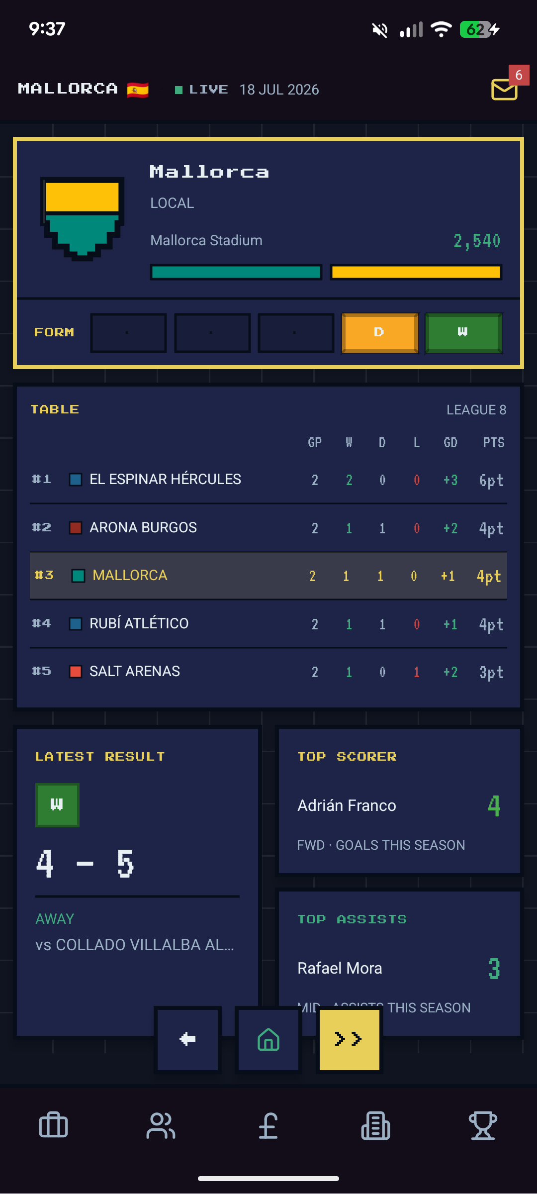 Club hub showing live season — Mallorca at #3 in League 8