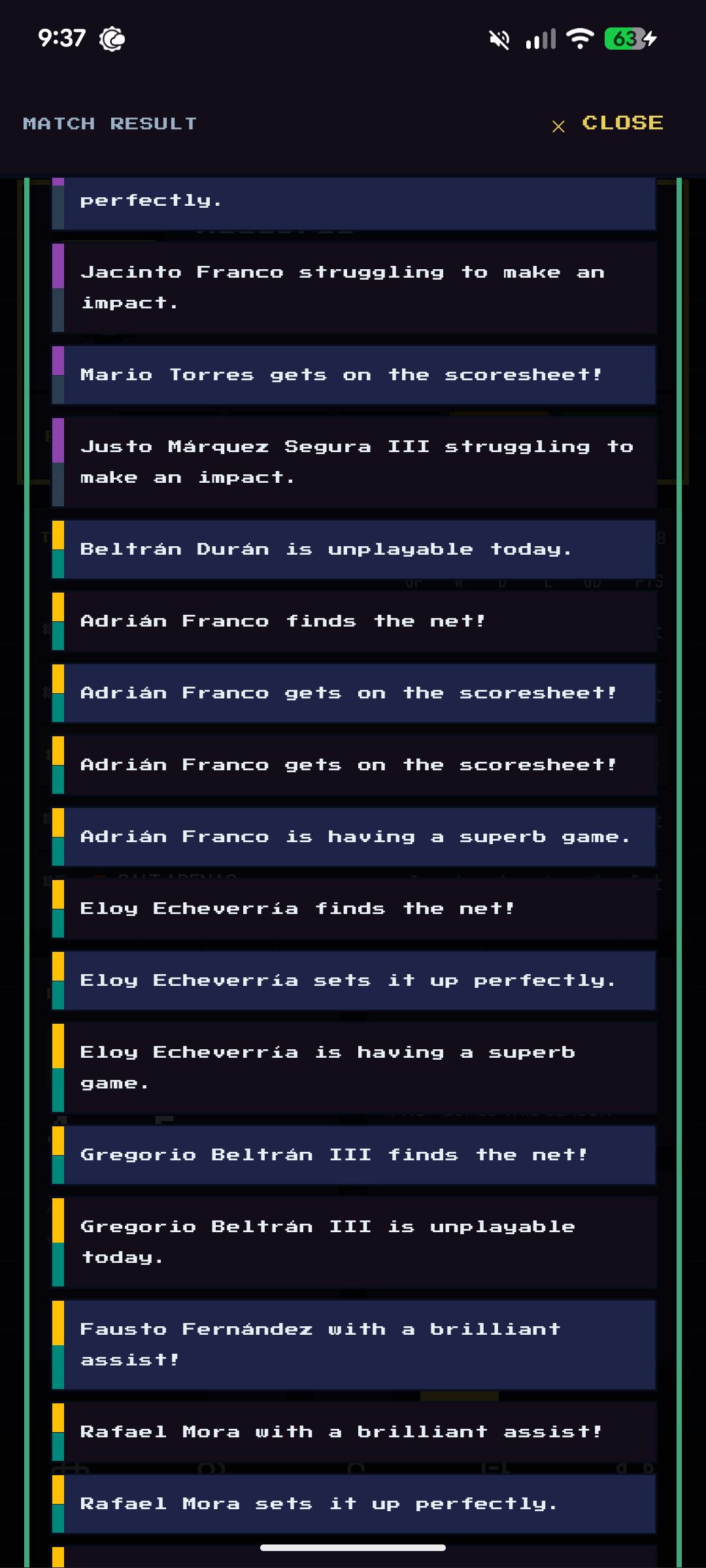 Match events log showing narrative match commentary