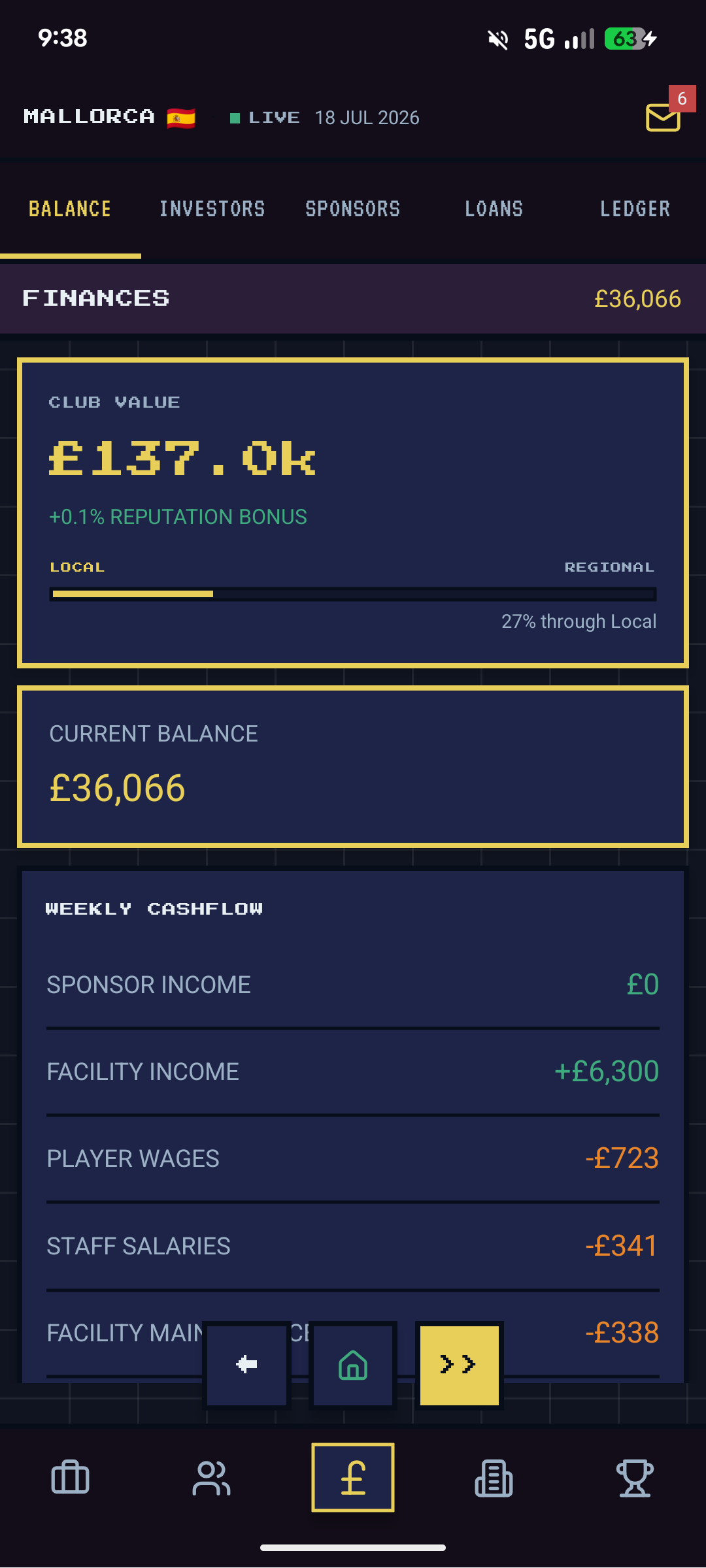 Finances screen showing club value, balance and cashflow breakdown