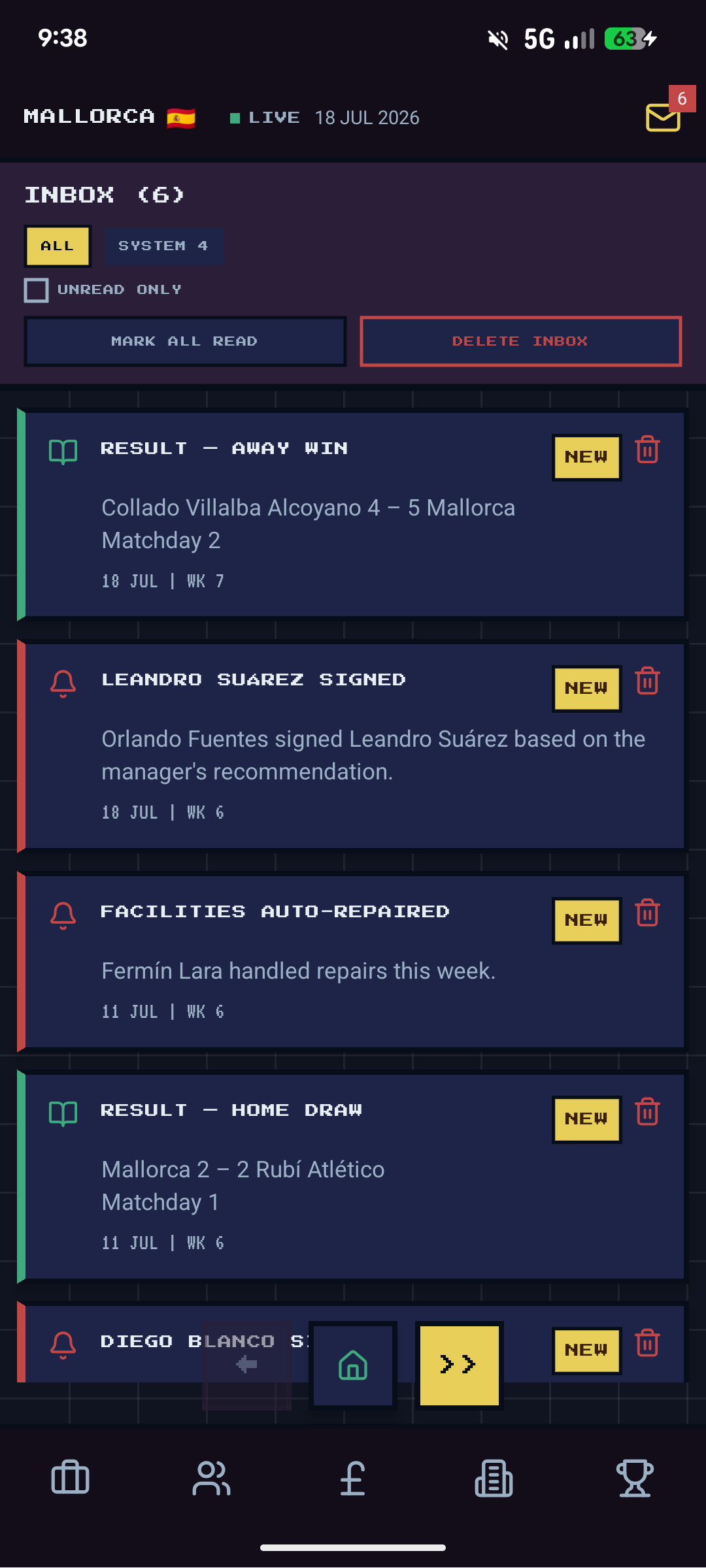 Inbox with match results, player signing and facility repair notifications