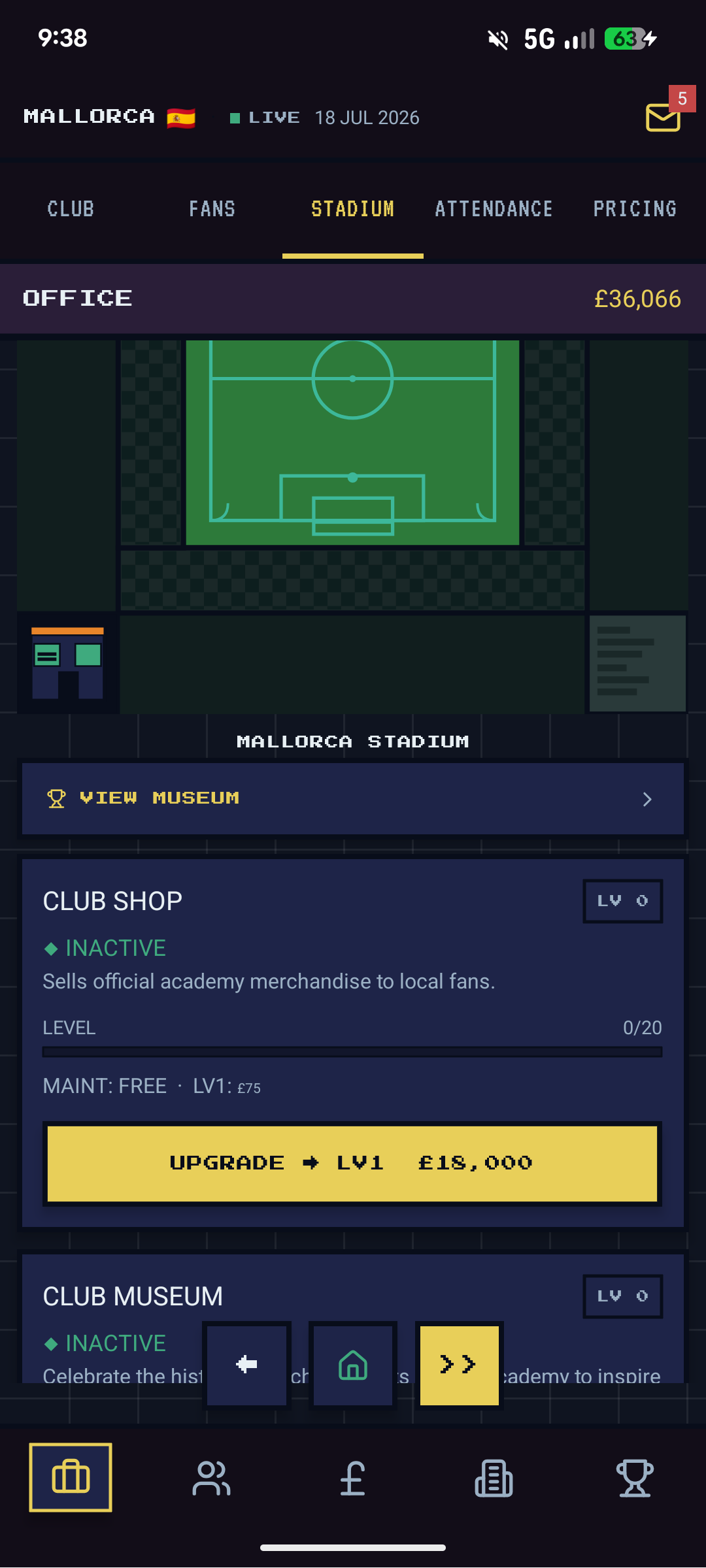 Stadium screen with pixel art ground and club shop and museum upgrade options