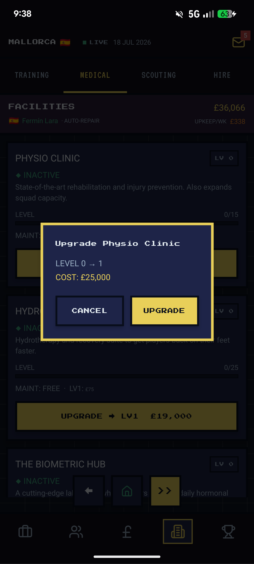 Physio Clinic upgrade confirmation dialog showing cost and level