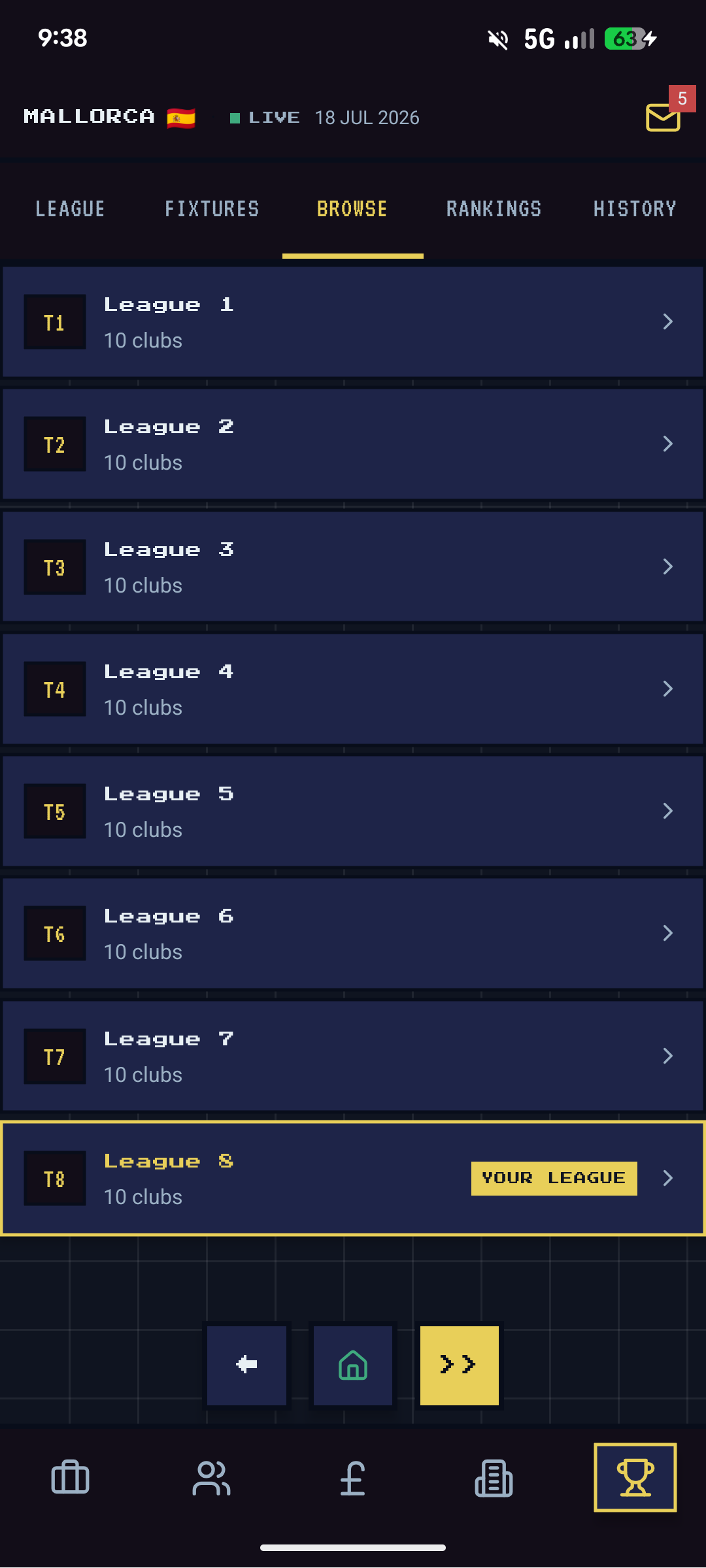 Competition browse screen showing the 8-tier Spanish league pyramid
