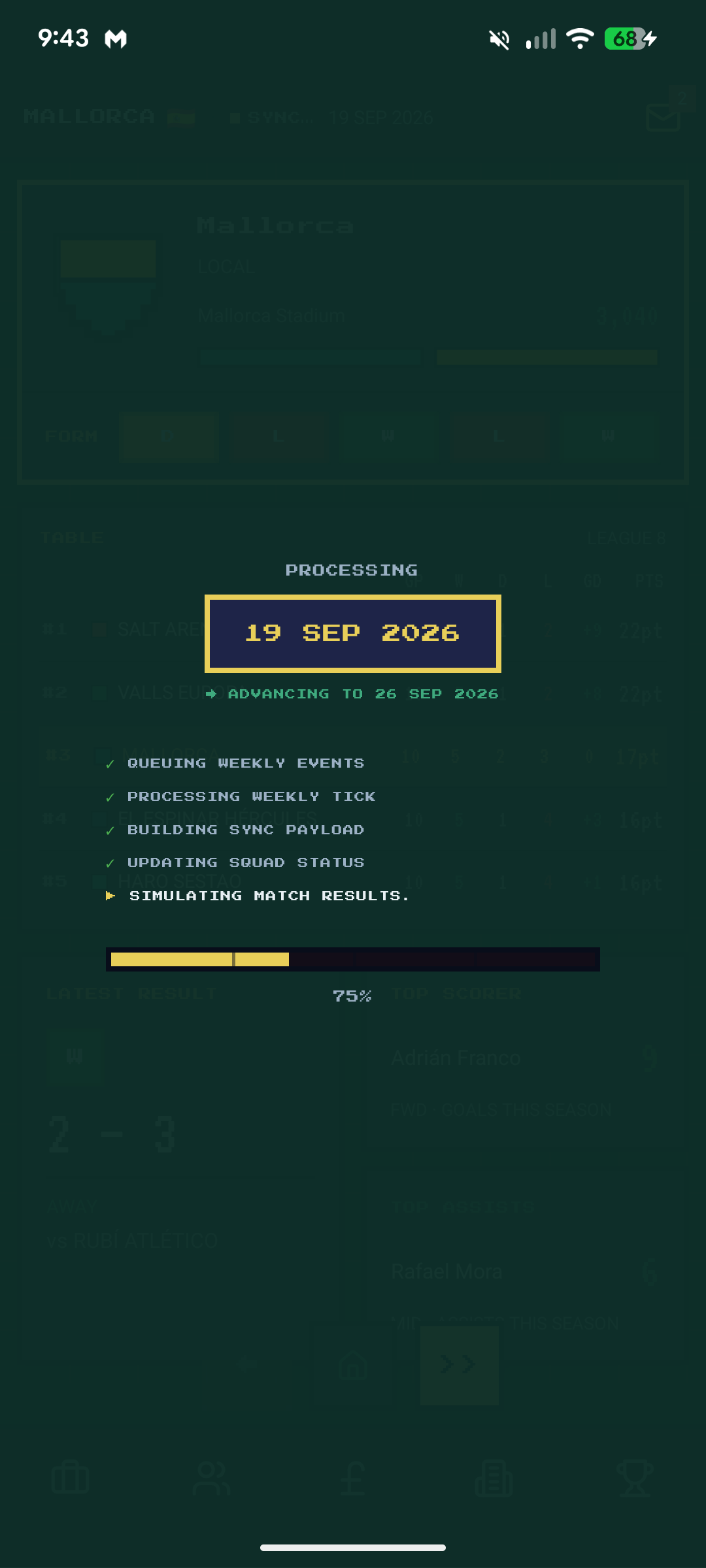 Weekly tick processing overlay showing match simulation progress at 75%