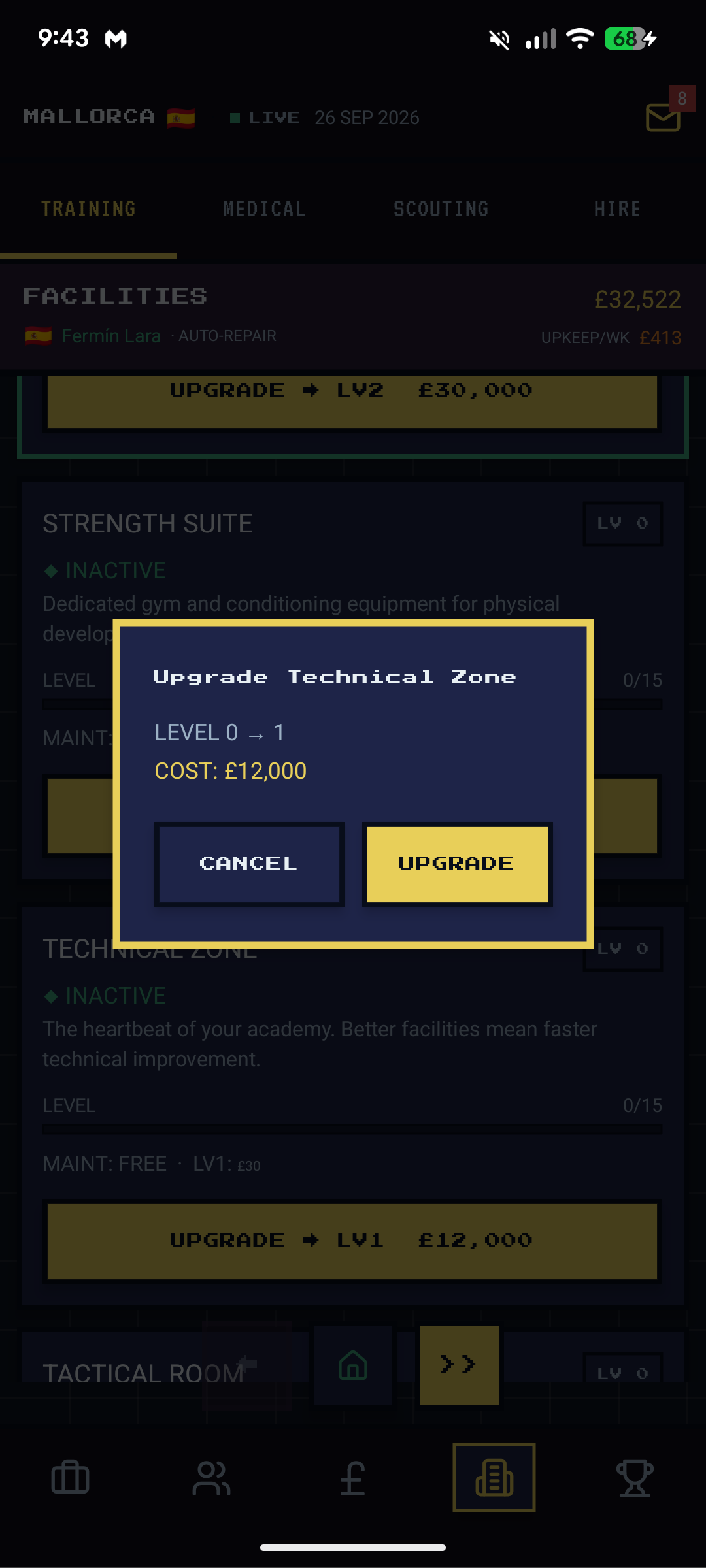 Upgrade Technical Zone dialog — Level 0 to 1 for £12,000