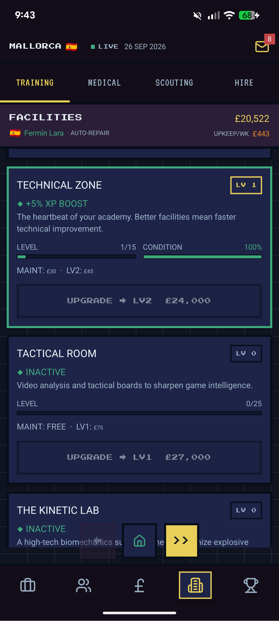 Technical Zone at Level 1 providing +5% XP boost with condition and upgrade path