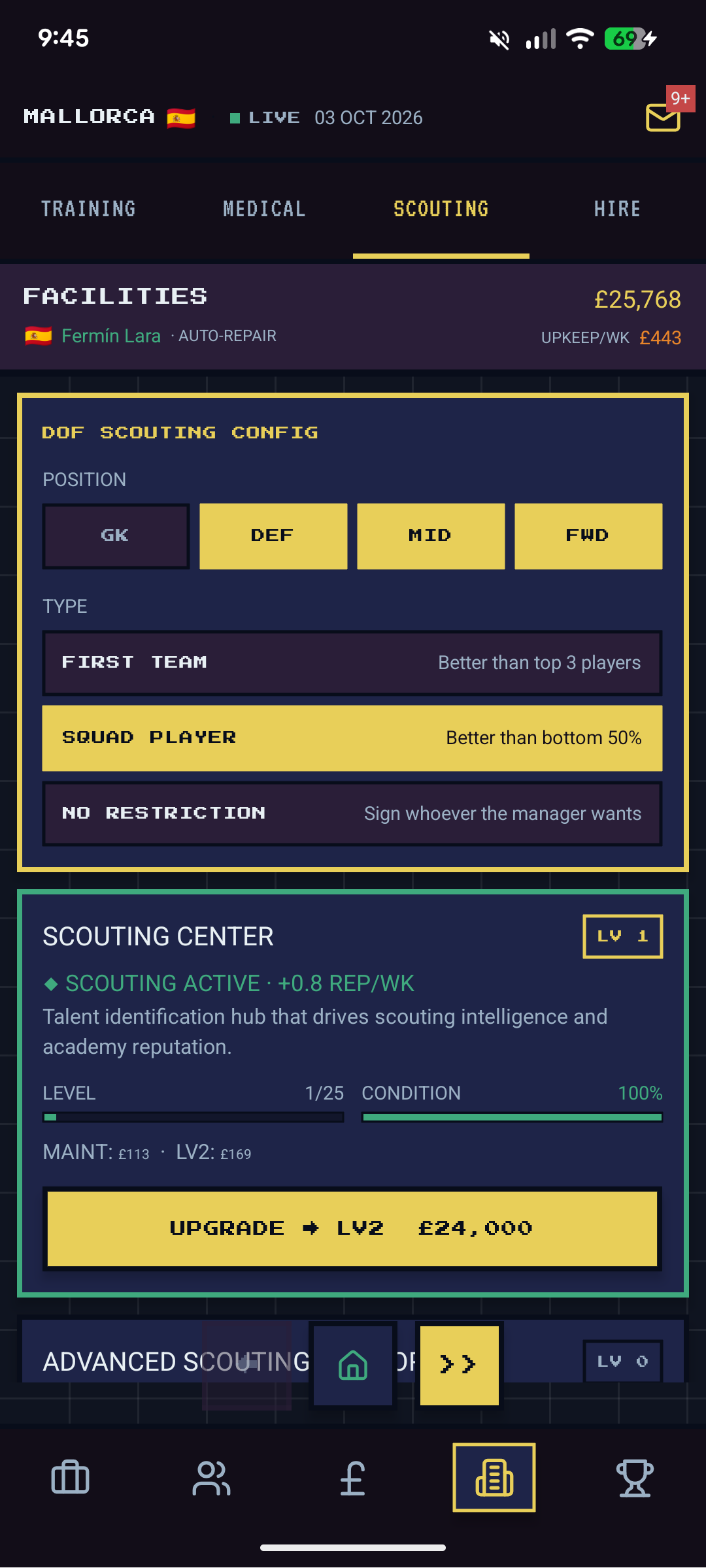 DOF Scouting Config with position and type filters, and Scouting Center at Level 1