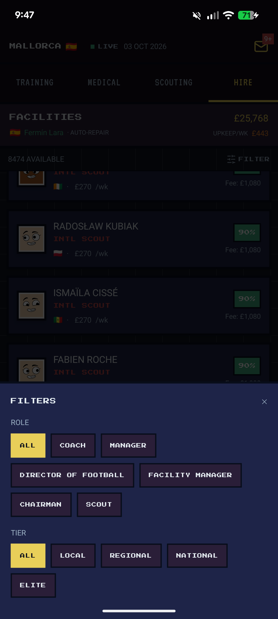 Hire tab showing international scouts with role and tier filter panel