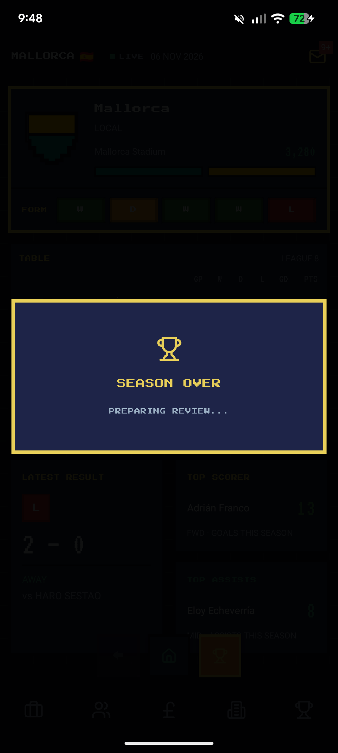 Season Over screen — preparing season review
