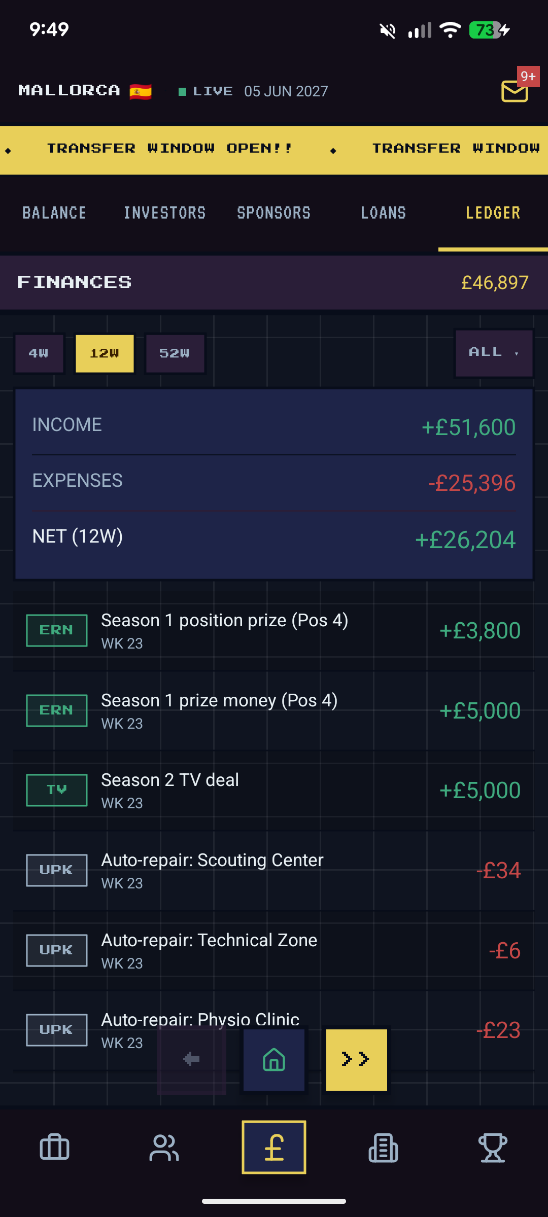 Finance ledger showing season prize money, TV deal income and facility upkeep costs